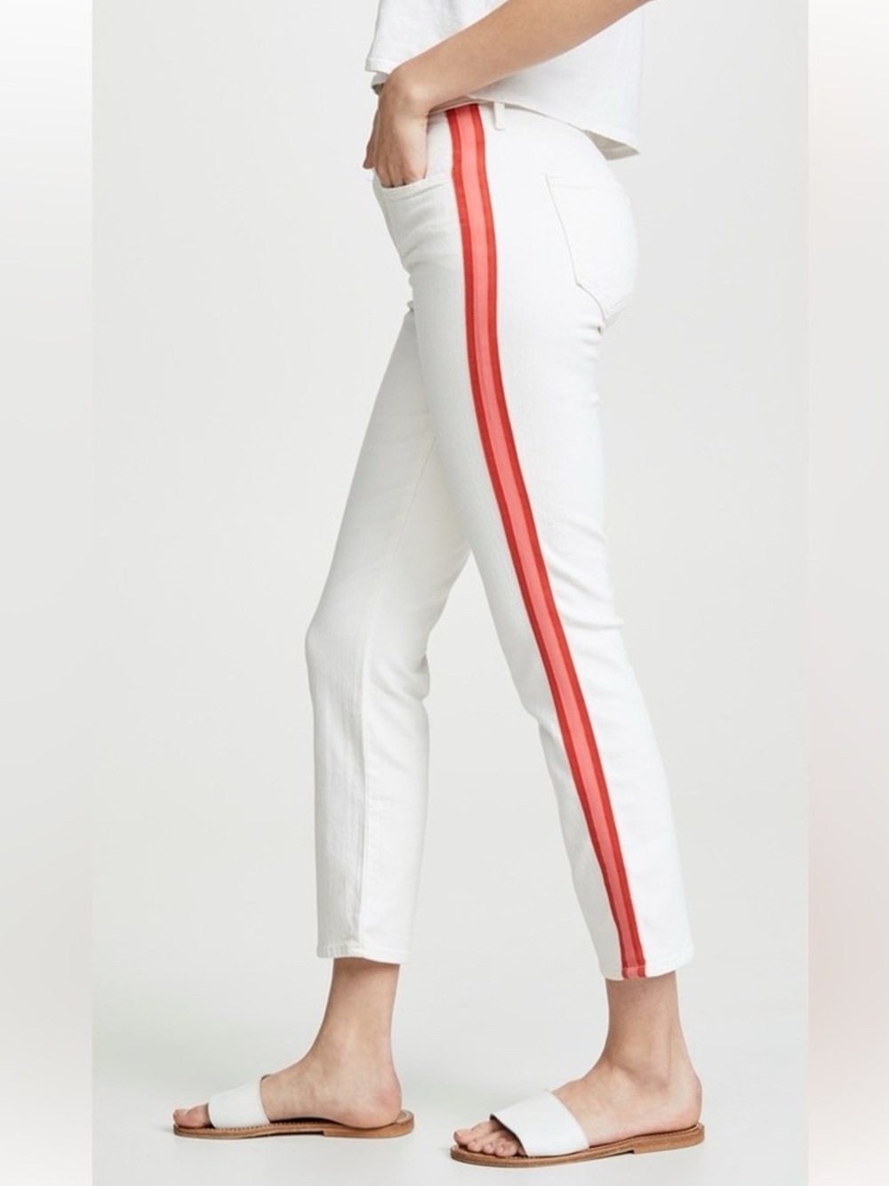 Mother The Mid Rise Dazzler Crop Track Jeans Whipping The Cream Size 25 Stripe